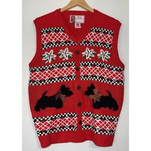 Merry Christmas Scottie Dog Sweater Vest Womens L Red Fair Isle Holiday Knit